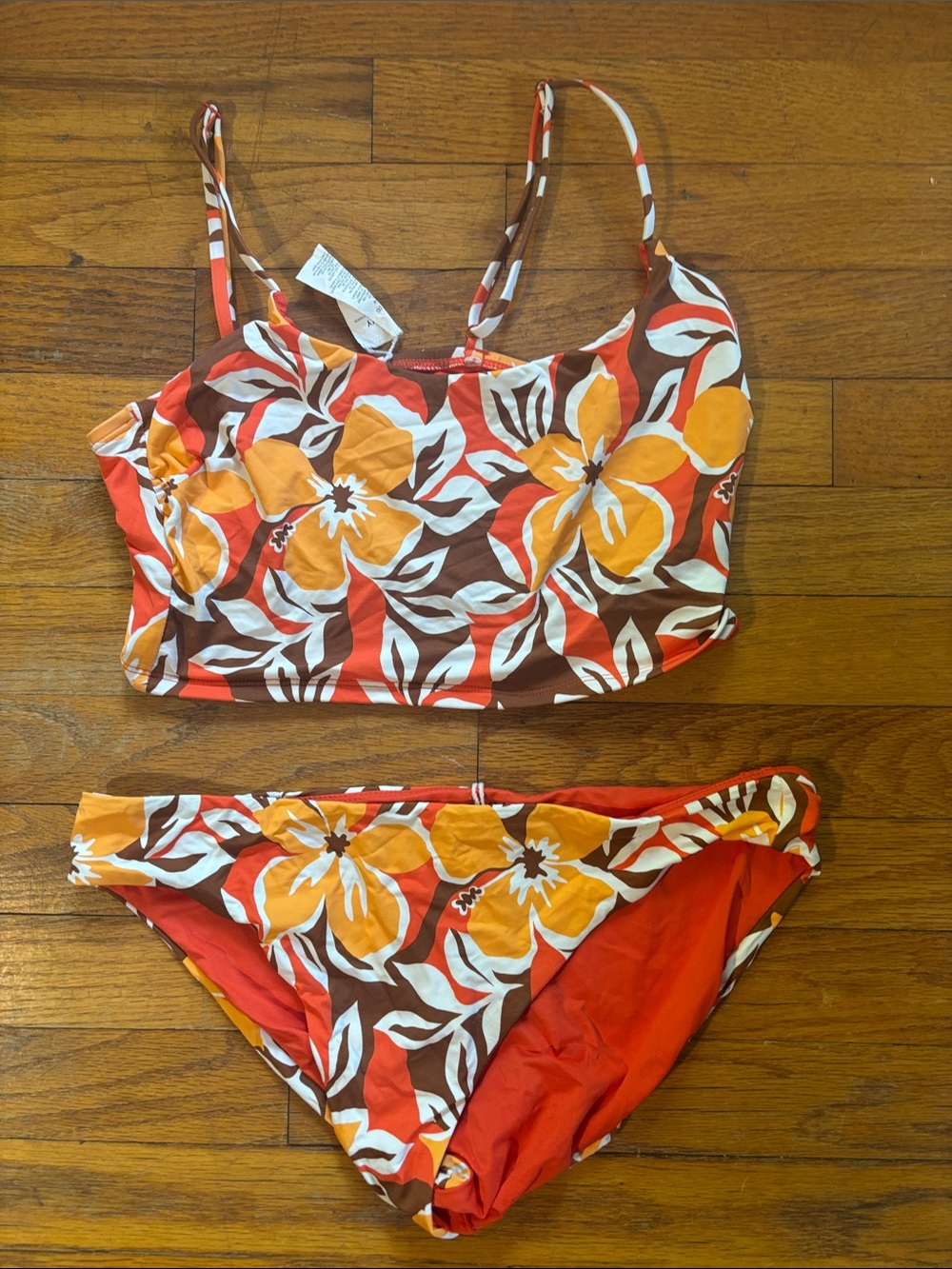 Roxy Girls Floral Tankini Bikini - Orange, Brown & White